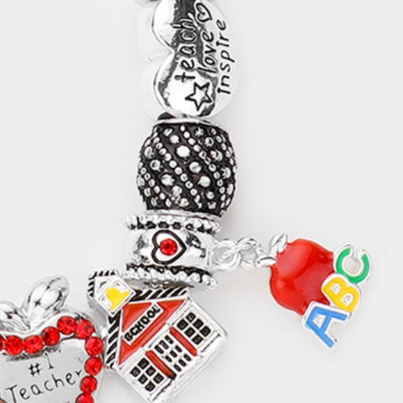 No. 1 Teacher Charm Bracelet Apple Owl Books ABCs Schoolhouse Metal Beaded Gift - Picture 2 of 4